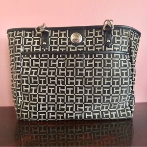 Tommy Hilfiger Black Logo Tote Shoulder Bag Monogram Shopper